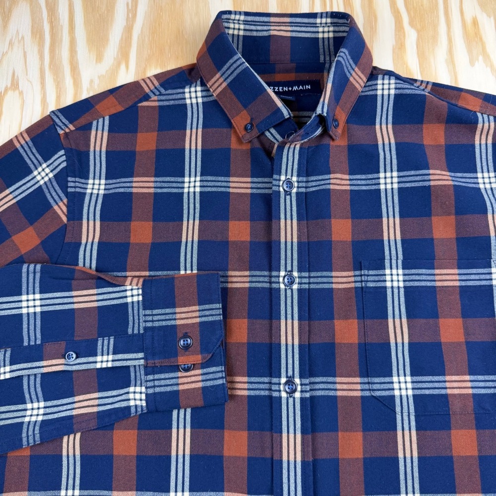 Mizzen+Main Mens Trim Tall Medium Plaid Performance Flannel Shirt 1WS-0759 Blue